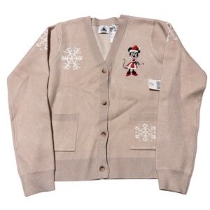 Disney Parks Christmas Minnie Mouse Embroidered Knit Cardigan Sweater 7/8 Tan